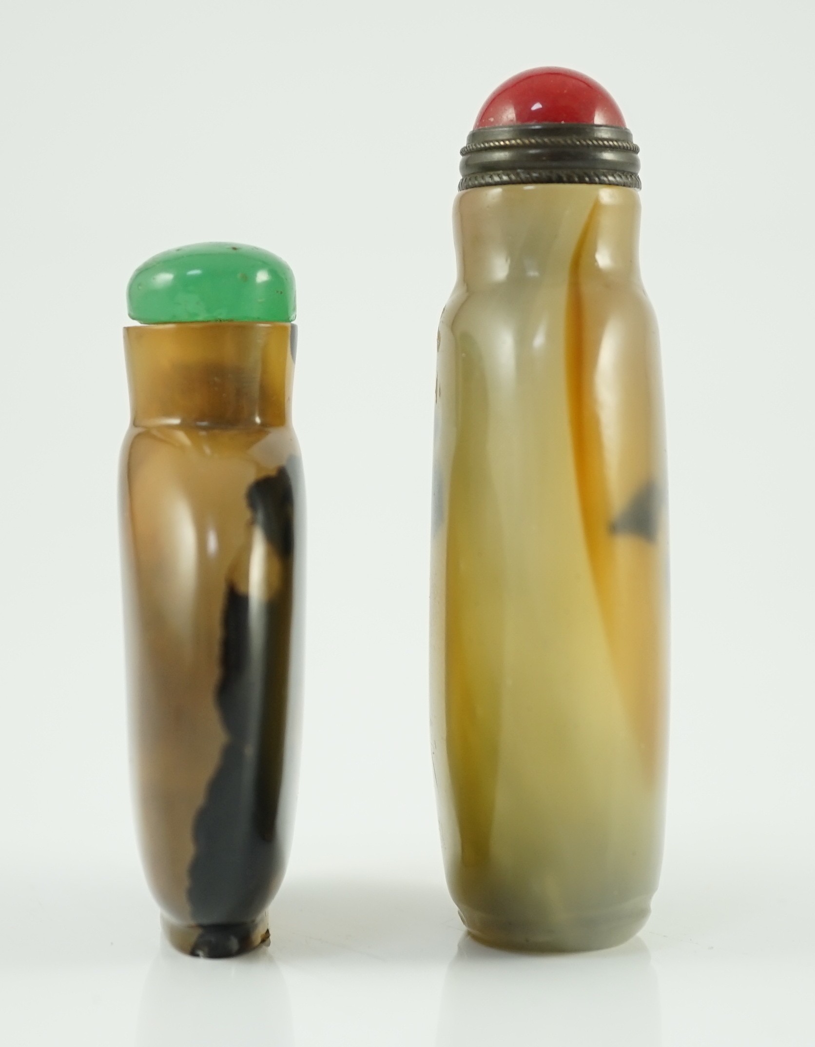 A Chinese shadow agate snuff bottle, and an imitation shadow agate glass snuff bottle, both c.1760-1860